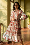 Crimson Garden Belted Cotton Shirt Maxi Dress
