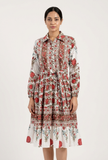 Crimson Garden Belted Cotton Shirt Maxi Dress