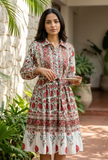 Crimson Garden Belted Cotton Shirt Maxi Dress