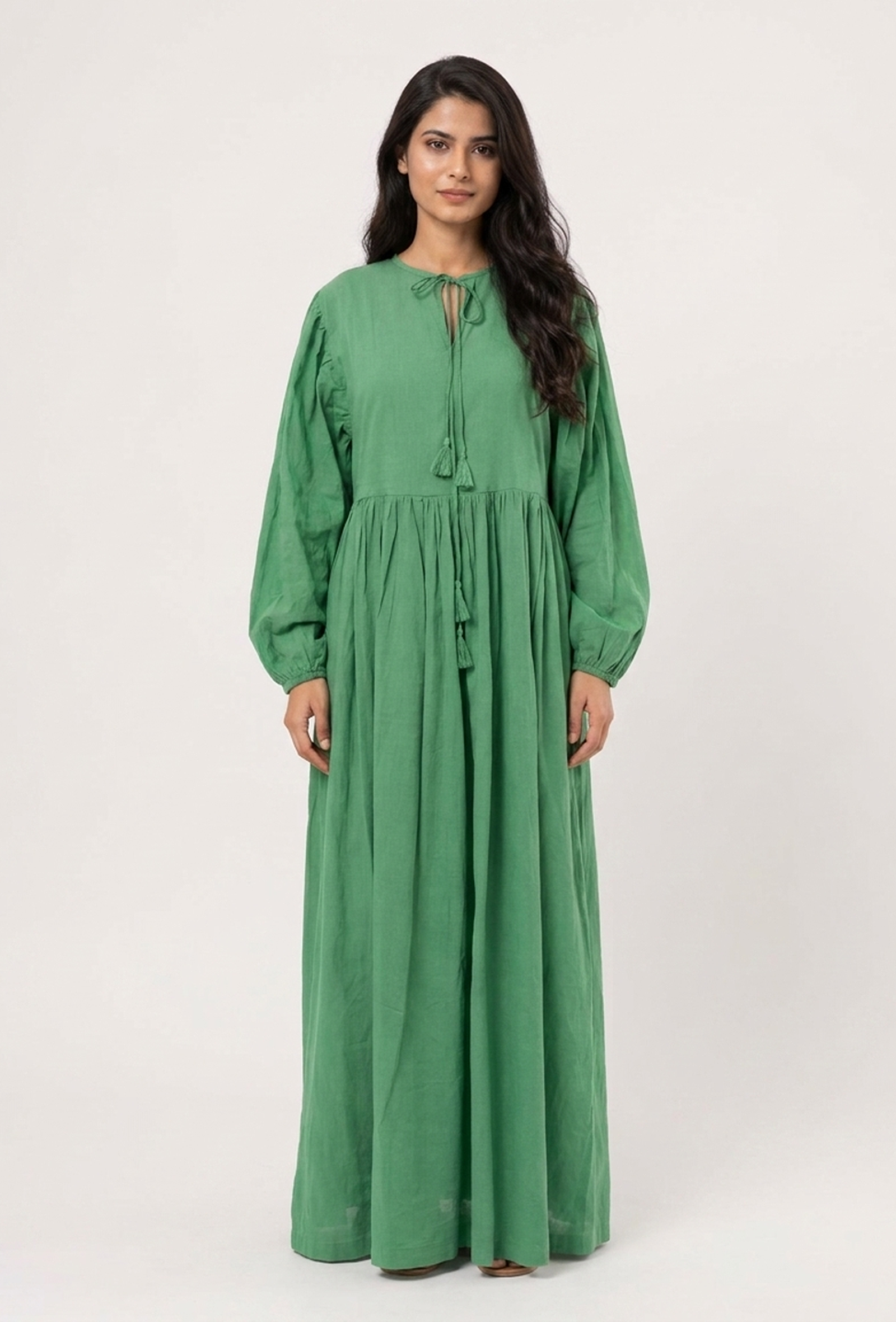 green cotton maxi dress Emerald Breeze Gathered Cotton Maxi Dress M