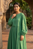 Emerald Breeze Gathered Cotton Maxi Dress