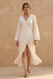 Natural Beige Cotton Flex Wrap Midi Dress