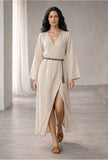 Natural Beige Cotton Flex Wrap Midi Dress