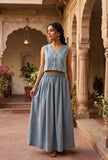 Set Of 2: Dusty Blue Cotton Crop Top and Flared Skirt Set