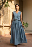 Dusty Blue Cotton Crop Top and Flared Skirt Set