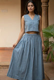 Dusty Blue Cotton Crop Top and Flared Skirt Set