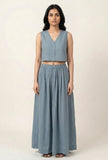 Dusty Blue Cotton Crop Top and Flared Skirt Set