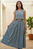 Dusty Blue Cotton Crop Top and Flared Skirt Set