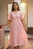 Blush Pink Cotton Flared Midi Dress