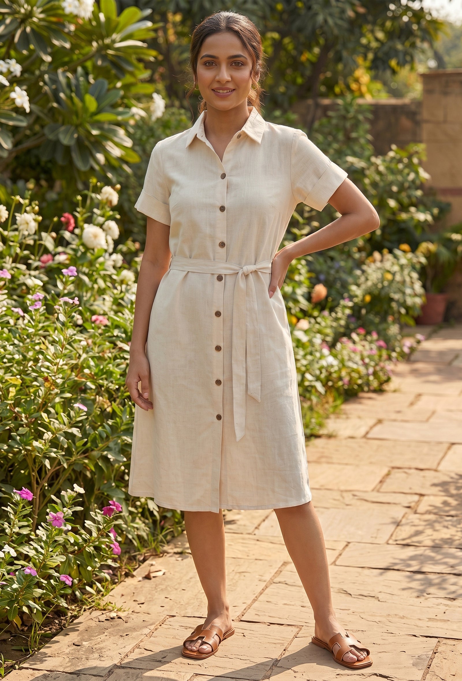 Woman wearing natural beige cotton shirt dress with tie-up belt at waist, front view