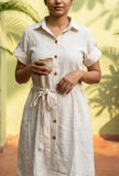 Natural Beige Cotton Shirt Dress with Tie-Up Belt