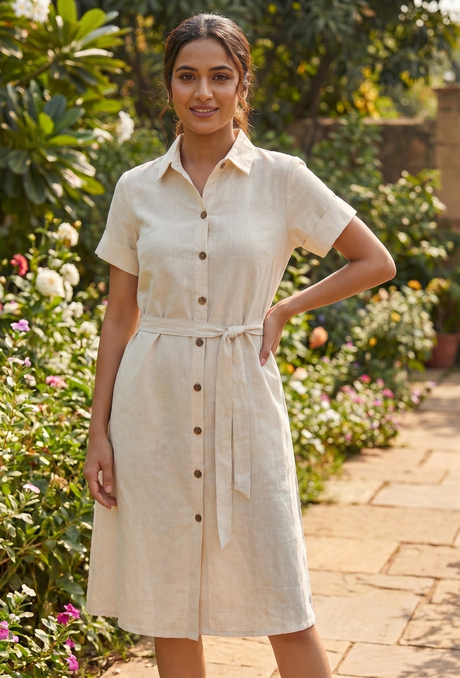 Natural Beige Cotton Shirt Dress with Tie-Up Belt