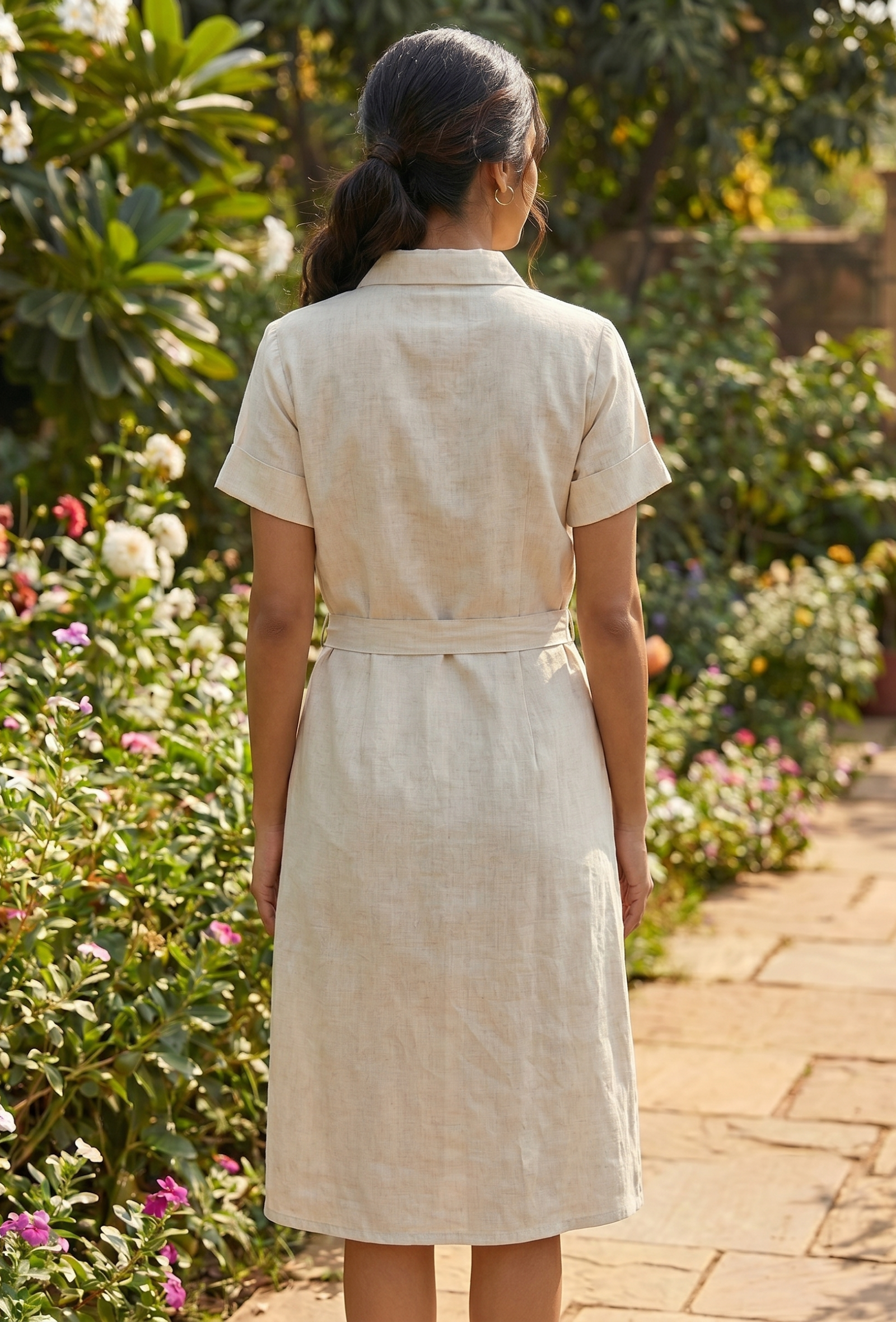 Natural Beige Cotton Shirt Dress with Tie-Up Belt
