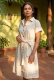 Natural Beige Cotton Shirt Dress with Tie-Up Belt