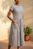 Blue & White Striped Cotton Midi Dress
