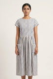 Blue & White Striped Cotton Midi Dress
