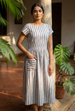 Blue & White Striped Cotton Midi Dress