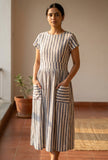 Blue & White Striped Cotton Midi Dress