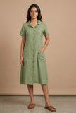 Olive Green Solid Shirt Collar Midi Dress