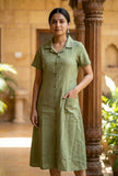 Olive Green Solid Shirt Collar Midi Dress