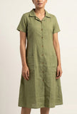 Olive Green Solid Shirt Collar Midi Dress
