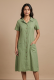 Olive Green Solid Shirt Collar Midi Dress