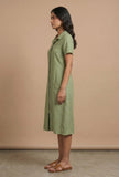 Olive Green Solid Shirt Collar Midi Dress