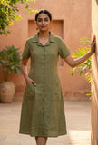 Olive Green Solid Shirt Collar Midi Dress