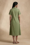 Olive Green Solid Shirt Collar Midi Dress