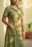 Olive Green Solid Shirt Collar Midi Dress