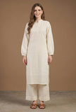 Set of 2: Ivory Textured Cotton Kurta with Straight Pant Set