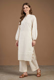 Set of 2: Ivory Textured Cotton Kurta with Straight Pant Set