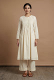 Set of 2: Off-White Pintuck Cotton Kurta with Straight Pant Set