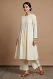 Set of 2: Off-White Pintuck Cotton Kurta with Straight Pant Set