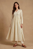 Set of 2: Off-White Lurex Stripe Flared Kurta with Straight Pant Set