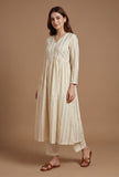 Set of 2: Off-White Lurex Stripe Flared Kurta with Straight Pant Set