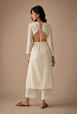 Set of 2: Off-White Lurex Stripe Flared Kurta with Straight Pant Set