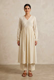Set of 2: Ivory Textured Gathered Kurta with Straight Pant Set