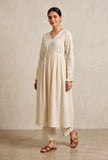 Set of 2: Ivory Textured Gathered Kurta with Straight Pant Set