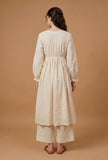 Set of 2: Ivory Textured Gathered Kurta with Straight Pant Set