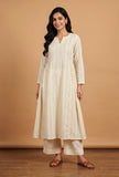 Set of 2: Ivory Cotton Lurex Self Design A-Line Kurta with Pant Set