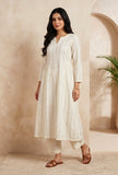 Set of 2: Ivory Cotton Lurex Self Design A-Line Kurta with Pant Set