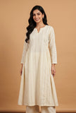 Women's Ivory Cotton Lurex Self Design A-Line Kurta