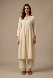 Set of 2: Ivory Cotton Self Stripe Gathered Yoke Kurta with Pant Set