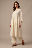 Set of 2: Ivory Cotton Self Stripe Gathered Yoke Kurta with Pant Set