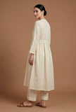 Set of 2: Ivory Cotton Self Stripe Gathered Yoke Kurta with Pant Set