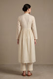 Set of 2: Ivory Cotton Self Stripe Gathered Yoke Kurta with Pant Set