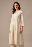 Women's Ivory Cotton Self Stripe Gathered Yoke A-Line Kurta