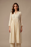 Women's Ivory Cotton Self Stripe Gathered Yoke A-Line Kurta