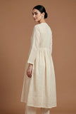 Women's Ivory Cotton Self Stripe Gathered Yoke A-Line Kurta